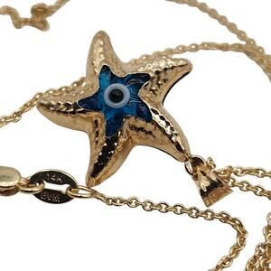14k Yellow Gold Blue Evil Eye Star Goodluck Pendant Necklace 18"